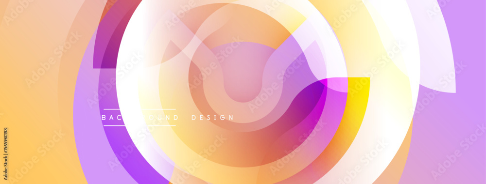 Poster abstract circular layers create dynamic visual flow. soft gradients blend peach, lilac, white hues. 