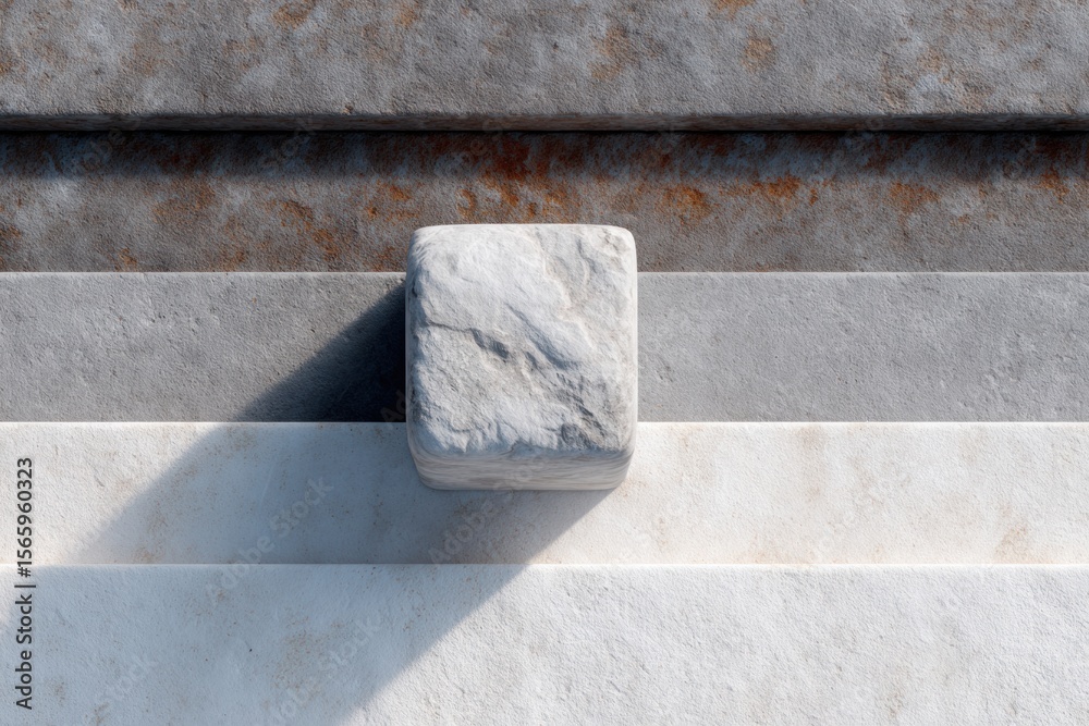 Poster Minimalist marble cube on layered stone blocks with natural textures and shadows, symbolizing stability and modern design for architecture and art