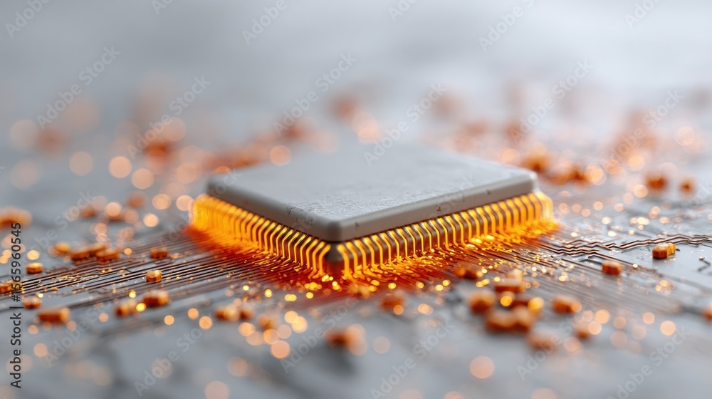 Poster Futuristic Quantum Analytics AI Chip with Glowing Circuit Lines on High-Tech Board Symbolizing Next-Gen Computing Power for Electronics Industry