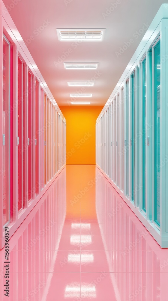 Poster Ultra-modern Data Center Corridor with Colorful Server Racks and Bright Lighting Symbolizing Advanced AI Infrastructure and Digital Innovation