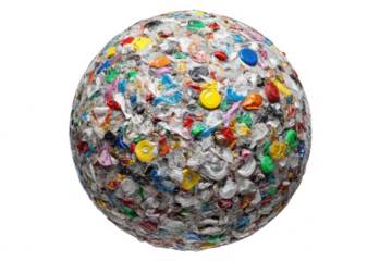 A sphere densely packed with assorted colorful plastic and paper waste