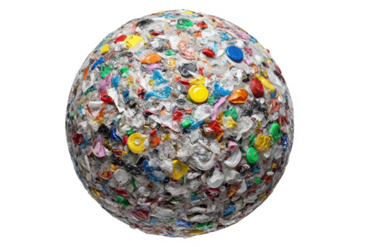 A sphere densely packed with assorted colorful plastic and paper waste