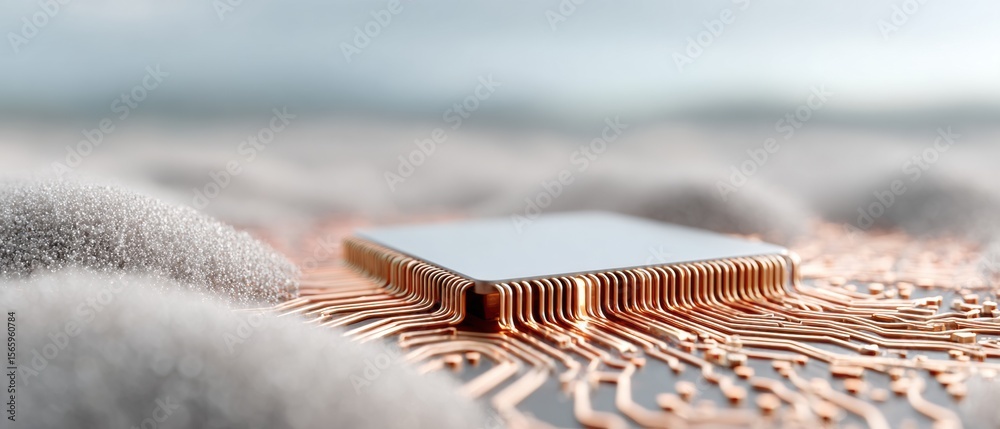 Poster Professional Digital Passport Technology Concept with Glowing Circuit Board and Microprocessors Featuring Misty Dawn Aesthetic for Modern Tech Marketing Campaigns