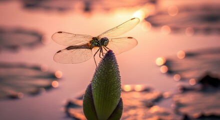Ai generated image of a dragonfly rests on a lotus bud at sunset