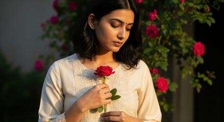 Ai generated image of a young woman holds a single red rose in a garden