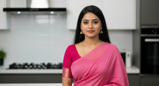 Ai generated image of a smiling woman in a pink saree stands in a modern kitchen