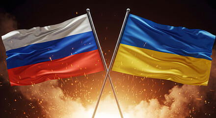 Russian and Ukrainian Fabric Flags Crossing with Strong Wind, Glowing Sparks, and Rising Smoke — Cinematic Symbol of Conflict