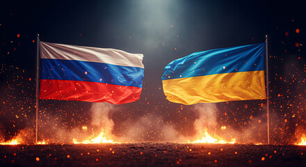 Russian and Ukrainian Flags Waving Apart with Sparks and Smoke — Symbol of War, Division, and Tension