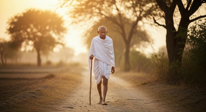 Ai generated image of mahatma gandhi walks peacefully down a rural path at sunset