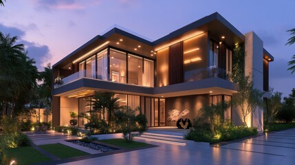 Obraz premium Modern house with a flat roof and large windows at dusk, surrounded by tropical foliage
