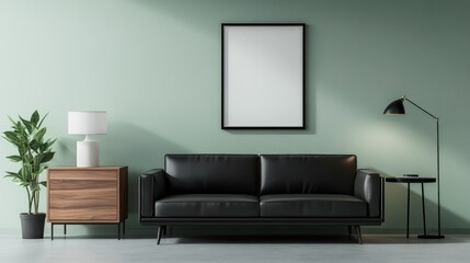 Modern living room showcasing black sofa, art, wooden cabinet, houseplant against green wall