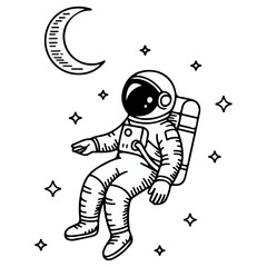 Astronaut floating in space surrounded by stars coloring book line art design on white background.