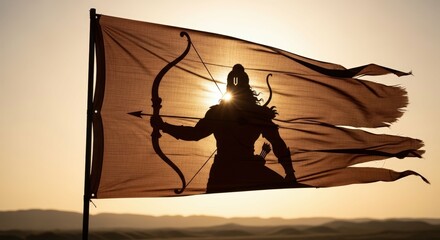 Ai generated image of a silhouette of a warrior is shown on a flag at sunset