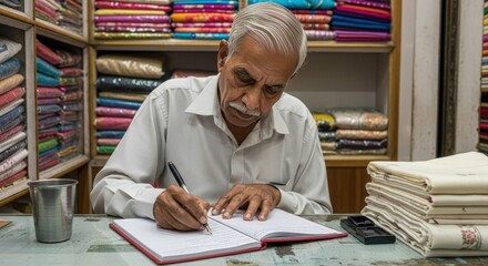 Ai generated image of a man meticulously writes in a notebook inside a fabric shop