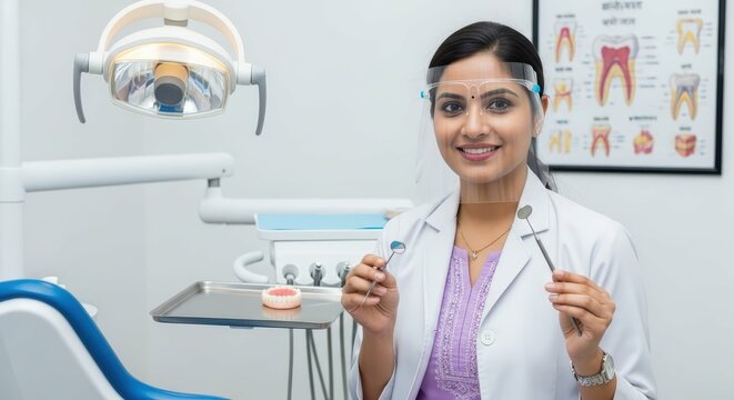 Ai generated image of a smiling female dentist holds dental tools in her office