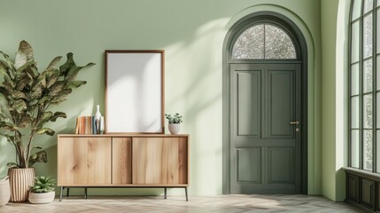 Room features light green walls, arched door, wood cabinet, plants and warm sunlight