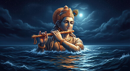 Ai generated image of krishna plays his flute by the sea at night