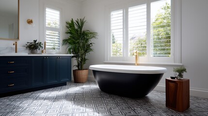 Black freestanding bathtub filled the luxury bathroom, adorned with classic decor. A refreshing indoor plant adds a touch of nature to the space.