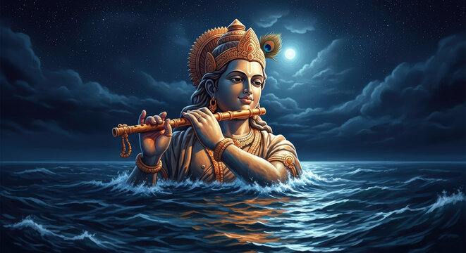 Ai generated image of krishna plays his flute by the sea at night