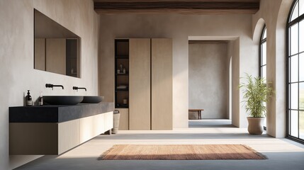 An inviting bathroom space, meticulously crafted with a sleek, modern design. The interior features clean lines and a minimalist aesthetic, creating a serene and functional atmosphere.
