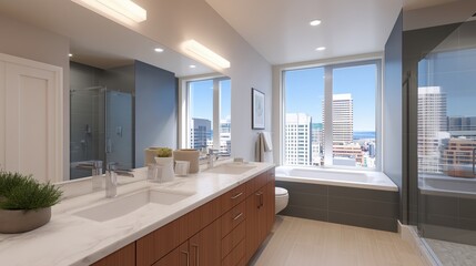 A luxurious, spacious bathroom, with a modern aesthetic and scenic city views. The room is bathed in natural light, creating an inviting and relaxing atmosphere.