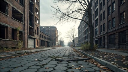 Fototapeta premium Abandoned city street scene with decaying buildings, empty road, and bare trees.