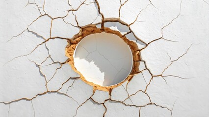 Close-up of a cracked white surface with a circular hole revealing a brown, sandy interior.