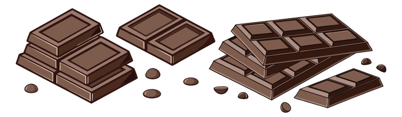 Milk chocolate bar pieces and chunks. Sweet dessert ingredient for packaging or recipe illustrations. Realistic vector set isolated on a white background.