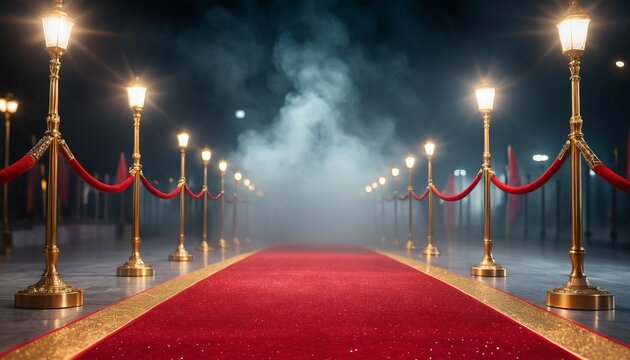 A long, grand red carpet stretches forward, lined with elegant, golden stanchions and glowing lamps - Powered by Adobe
