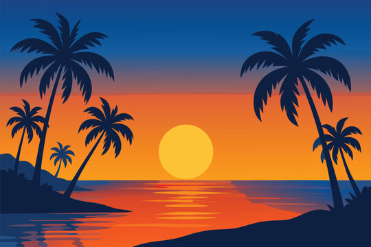 Vector illustration of a serene tropical beach at sunset. The sky is a smooth gradient of deep blue and vibrant orange. Stylized palm trees, colored in shades of electric blue and navy