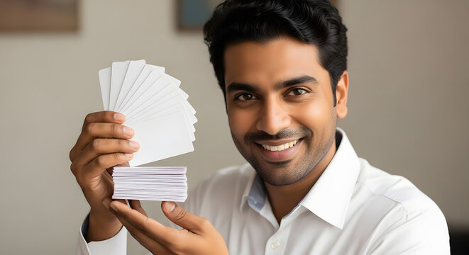 Indian man holding stack of blank ID cards