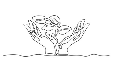 Hand holding plant with leaf in one continuous line drawing. Sprout tree and gardening symbol in simple linear style. Organic farm concept. Hand drawn one line vector. Editable stroke