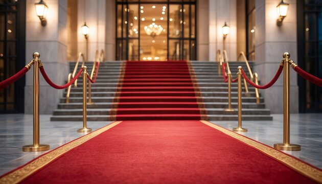 A luxurious red carpet leads up a grand staircase, creating a sense of importance and arrival.