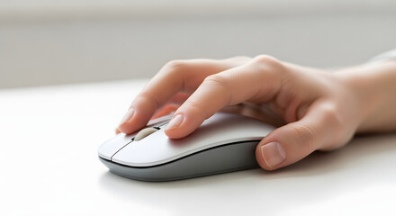 Hand using mouse on white desk background