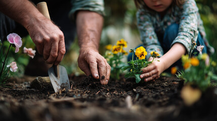 Fototapeta premium Parent and Child Planting Flowers - Focus on Hands and Tools Only