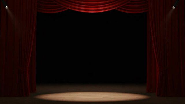 Grand Red Velvet Stage Curtains with Dramatic Spotlight Illumination and Dark Backdrop in a Theatrical Setting