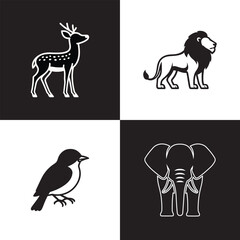 Elegant Animal Silhouette Vector Design Featuring Deer, Lion, Bird, and Elephant in Monochrome