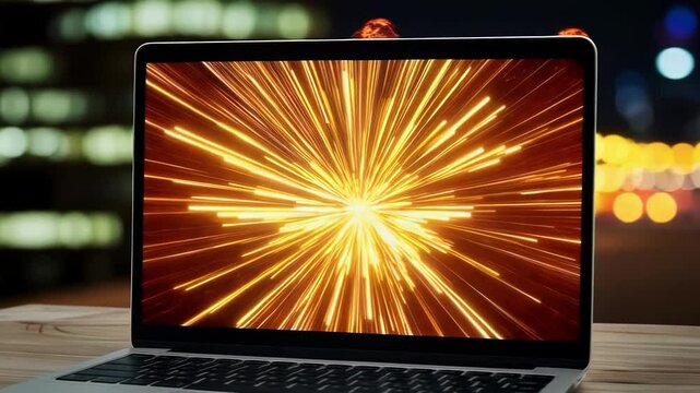 A laptop displays an abstract light pattern on a wooden desk at night
