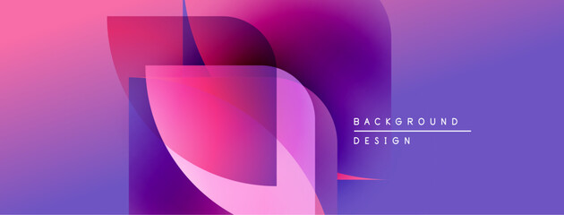 Abstract gradient background. Overlapping shapes create dynamic visual effect. Purple, pink hues dominate composition. Modern design element.