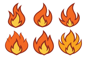 A set of black Fire icons in doodle style. Hand drawn flames. Vector linear on white background