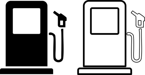 Gasoline pump icon set in solid and outline styles for fuel station and transportation.