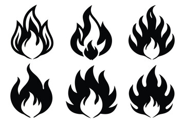 A set of black Fire icons in doodle style. Hand drawn flames. Vector linear on white background