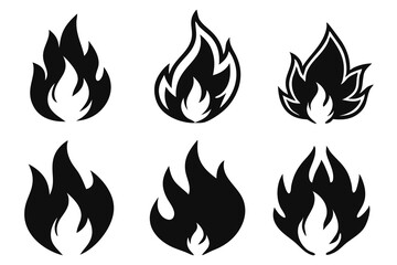 A set of black Fire icons in doodle style. Hand drawn flames. Vector linear on white background