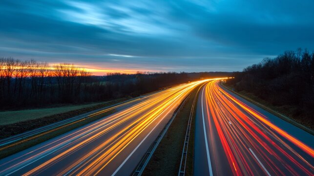 Empty highway with vibrant light trails under a warm dusk sky, capturing the essence of motion and solitude.
