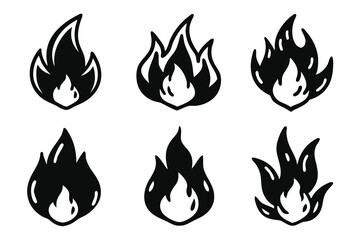 A set of black Fire icons in doodle style. Hand drawn flames. Vector linear on white background