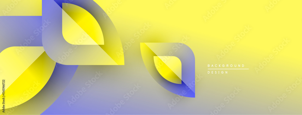Poster abstract geometric shapes overlap, creating dynamic yellow, blue gradients. background suggests mode