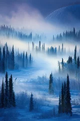 Papier peint photo intissé Misty Winter Forest in the Morning Light with Snow-Covered Trees and Foggy Background, Serene Frozen Wilderness Landscape