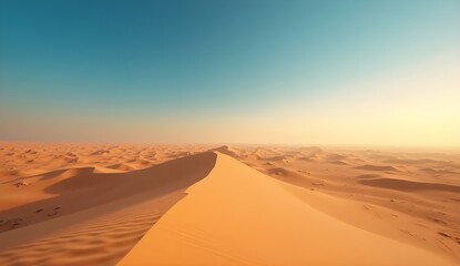 wide angle view of a screan desert landscapeat goldren hour with natural sand dunes and clear sky