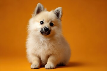 Obraz premium Adorable Fluffy Pomeranian Puppy on Vibrant Orange Background, Ideal for Pet Adoption Campaigns and Puppy Love Promotions