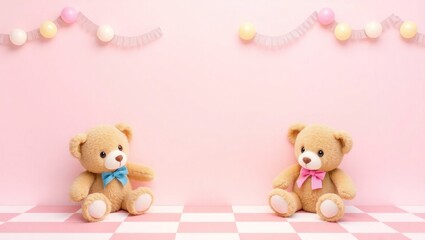 copy space for text background Cute Pastel Checkerboard and Teddy Bears concept